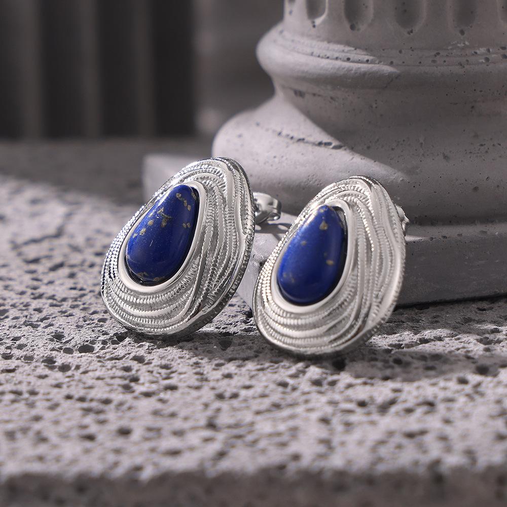 Серьги-гвоздики Wind Retro Blue Gold Stone, титановая сталь, покрытая 18-каратным золотом, нишевый темпераментный дизайн, простые серьги с каплями воды для женщин