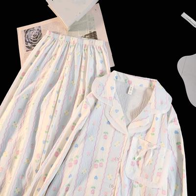 Полосатый цветочный принт женский пижамный комплект с воротником-лацканом осень-зима новая одежда для сна корейская мягкая модная пижама