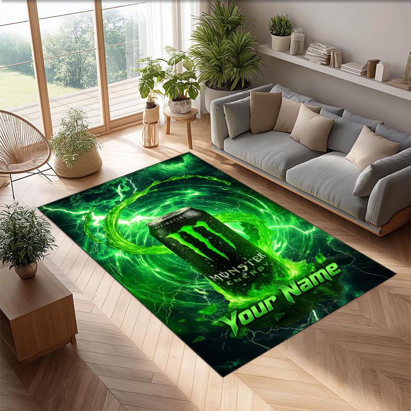 Monster Energy Crystal Velvet Rug, Custom Name Text Personalized Non‑Slip Floor Mat for Home Decor Gift