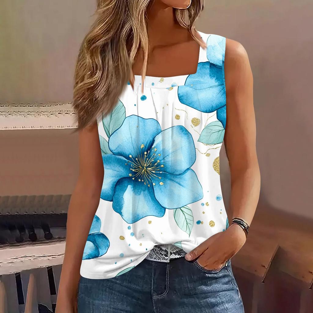 Женская плиссированная футболка без рукавов с квадратным вырезом и цветочным принтом