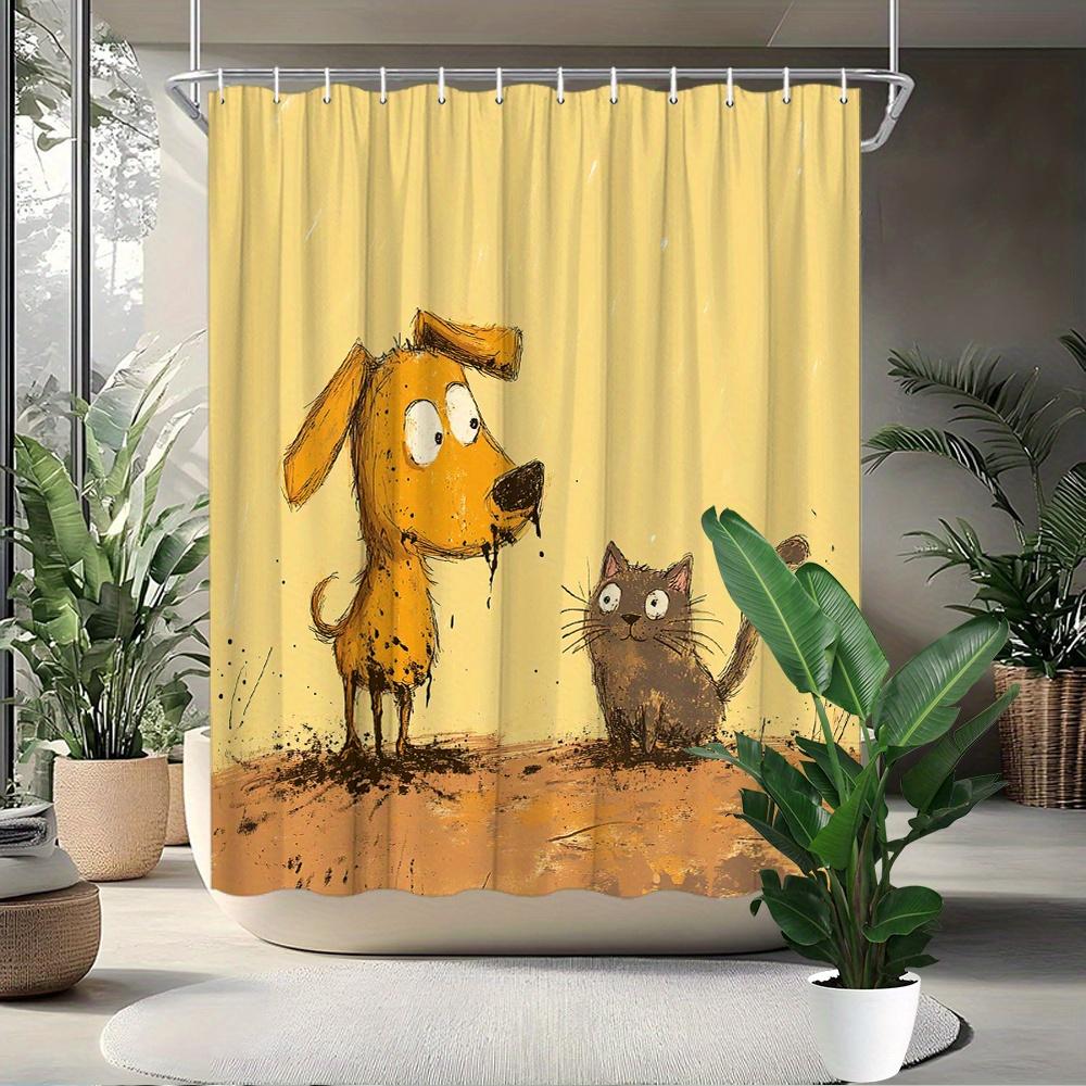 Funny Dog and Cat Shower Curtain Bathroom Decor Cartoon Pet Shower Curtain for Kids Bathroom Novelty Shower Curtain