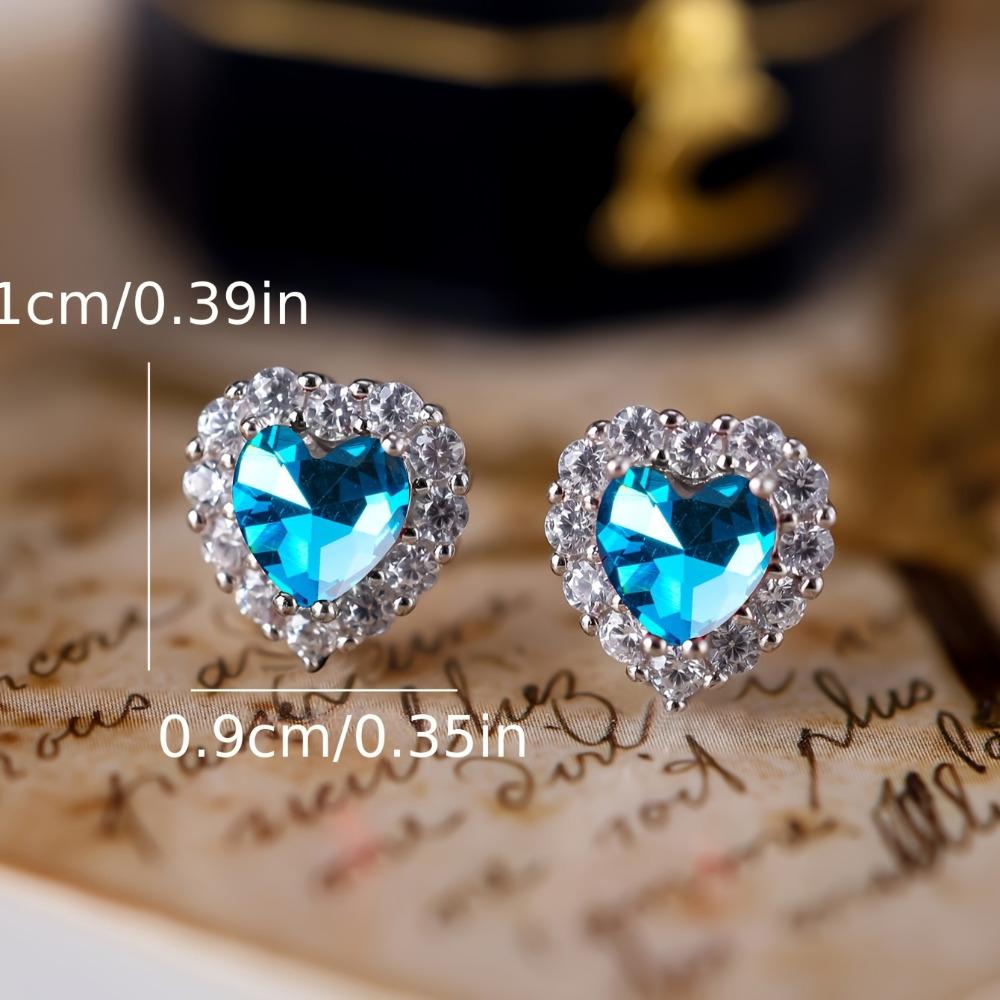 Real S925 Sterling Silver Aqua Blue Green Red Pink Heart Zircon Stud Earrings for Women Fashion Wedding Jewelry