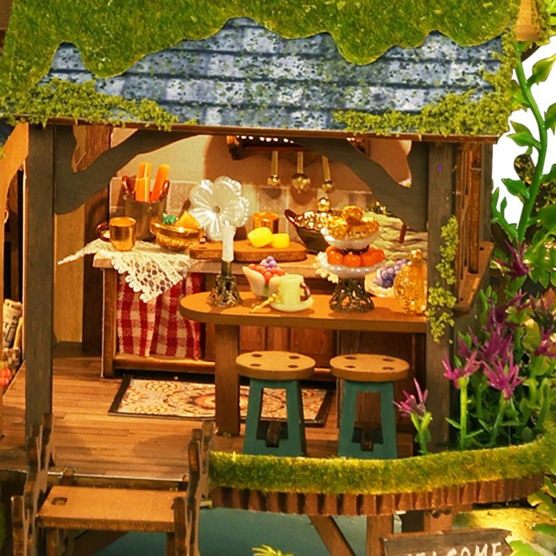 DIY Miniature House Forest Adventure Set Tiny House Model with Dollhouse & Bookshelf Creative Birthday Gift for Friends & Adults