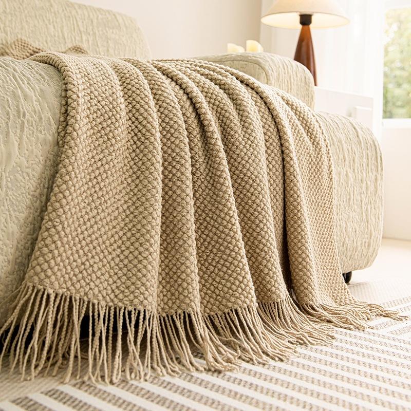 Vintage Knitted Throw Blanket with Tassels Nordic Style Textured Sofa Cover for Bed End Living Room Home Decor