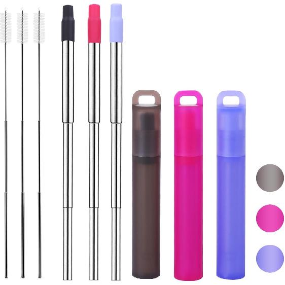 NAIVELY-Reble Metal Straws 3 Pack Collapsible Stainless Steel Straw,travel straw with case and Cleaning Brush,Retractable Portable Pocket