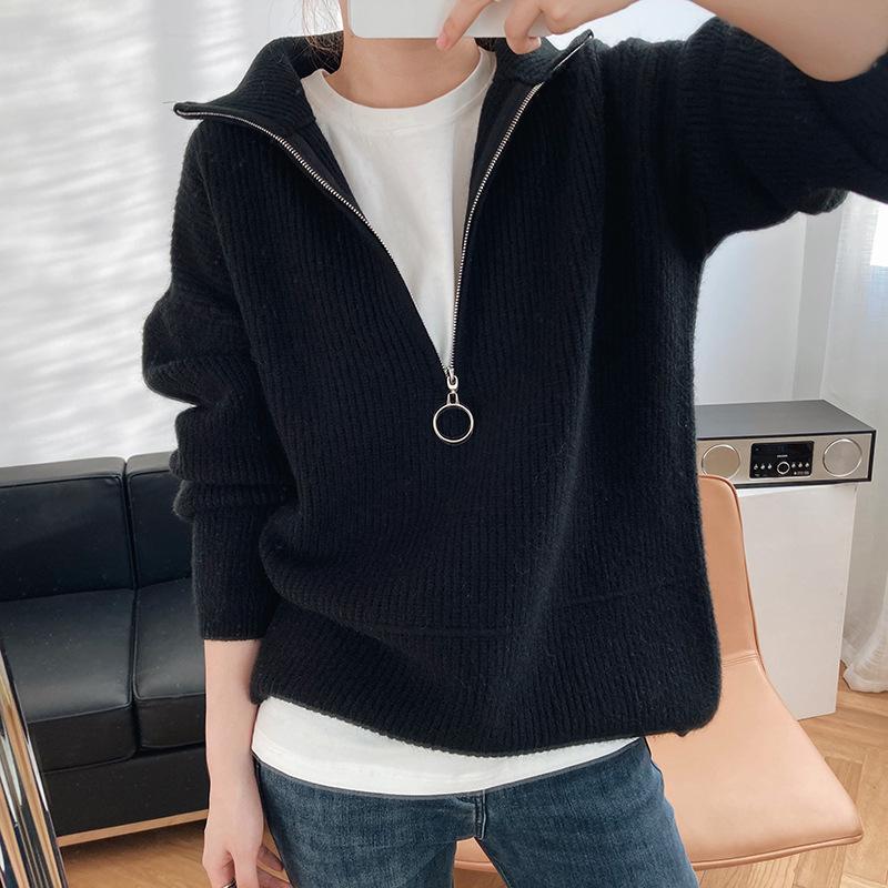 Hirsionsan Zipper Turn-down Collar Autumn Sweaters Women Cashmere Soft Loose Solid Female Knited Pullovers 2021new Thick Jumper