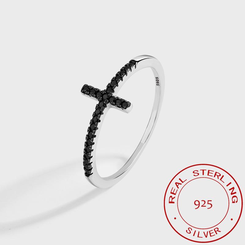 Классическое кольцо для пары с черным крестом и бриллиантами для женщин, 100% серебро S925, подарок на День святого Валентина, ювелирные изделия