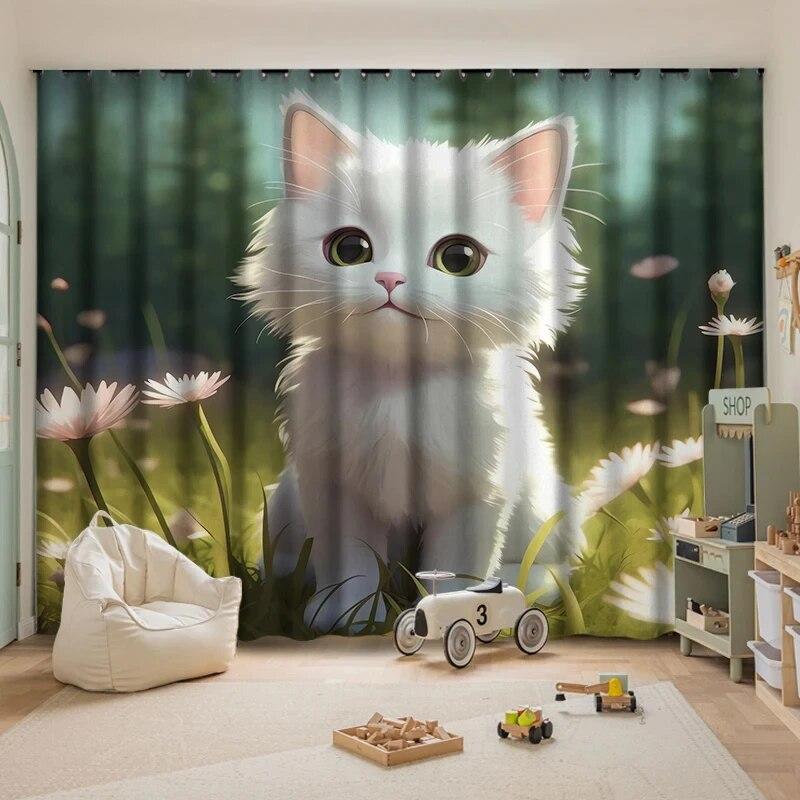 Плотные шторы с милым котом, детская комната, эркер, окно от пола до потолка, простая установка, затенение, тепло, различные узоры
