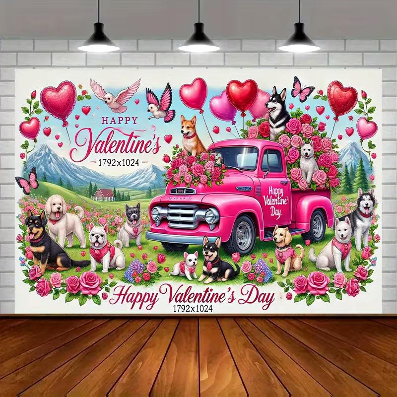 2D Pink Truck Rose Puppy Backdrop Valentine Shoot Banner