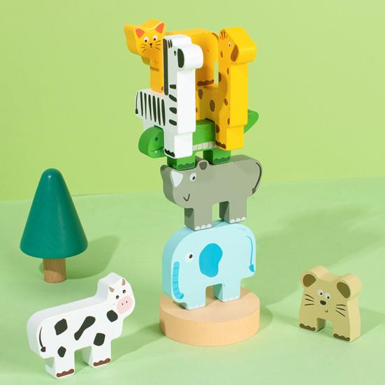 1 набор деревянных блоков для игры в наложение кубиков, игра-головоломка «Животное», «Мини-человек», игра-баланс, для дошкольников, мальчиков и девочек