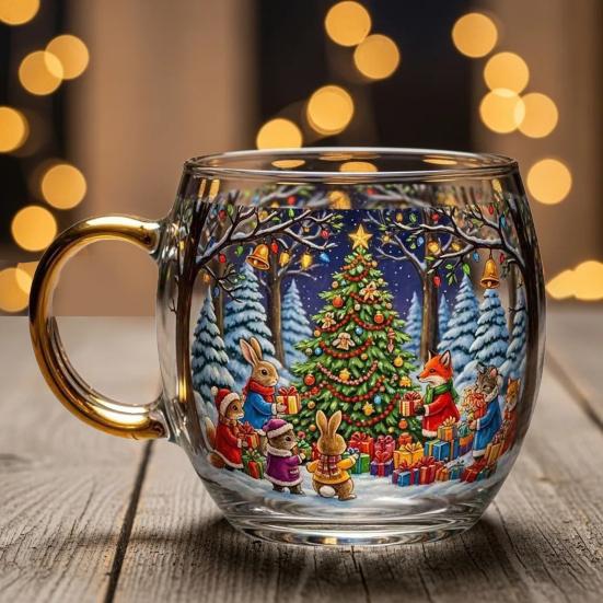 10oz Christmas Painted Mug Winter Scenery Painted Mugs Stained Glass Holiday Drinking Coffee Cup for Cafe Home Bar Decor
