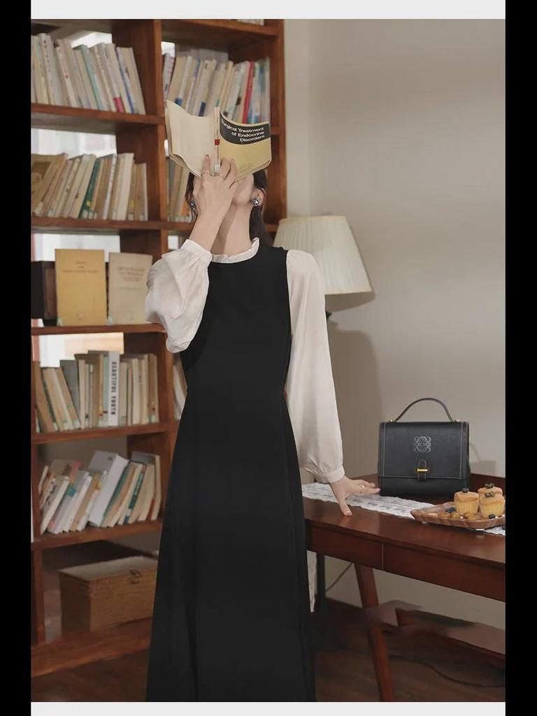 Длинное платье для похудения в корейском стиле с черно-белой строчкой - круглый вырез, длинный рукав, удобная повседневная одежда