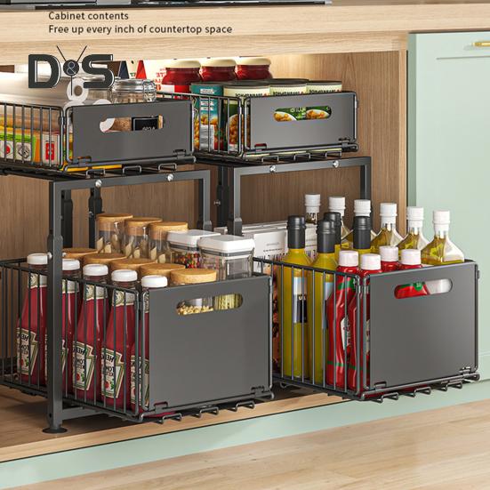 Стеллаж для хранения на кухне, прочный, большой грузоподъемности, регулируемая высота, двухъярусный органайзер под раковиной с выдвижными ящиками