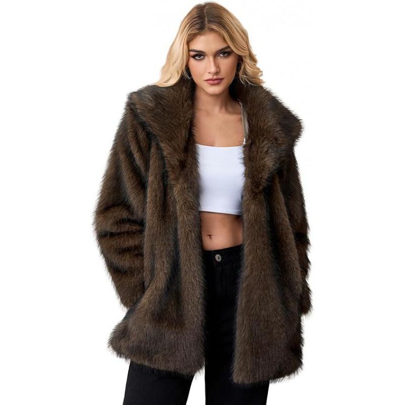 Womens Faux Fur Coat Mid-Length Blazer Collar Fall Winter Street Style Coffee Tip Gray