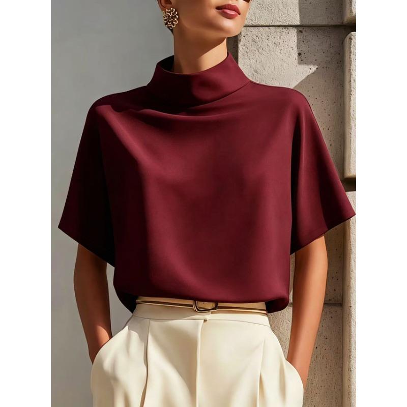 Women S Loose Fit Short Sleeve Stand Collar Solid Color Pullover Shirt