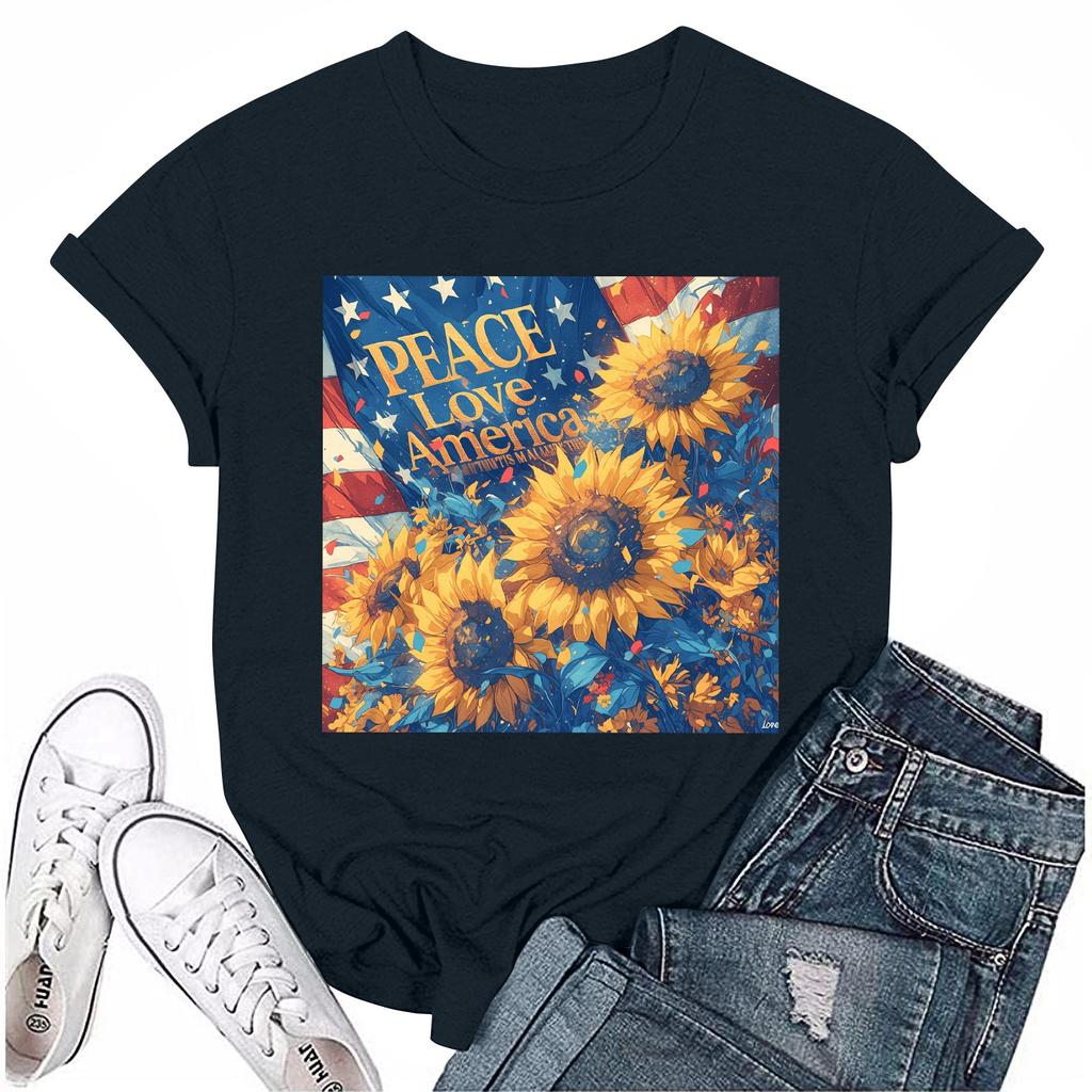 Women's Round Neck Casual Independence Day Printed Short Sleeve T-Shirt Top