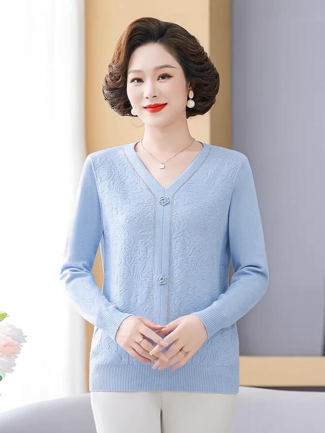 Spring/Fall Thin Knitwear for Middle-Aged & Elderly Women: Stylish Stretch Pullover