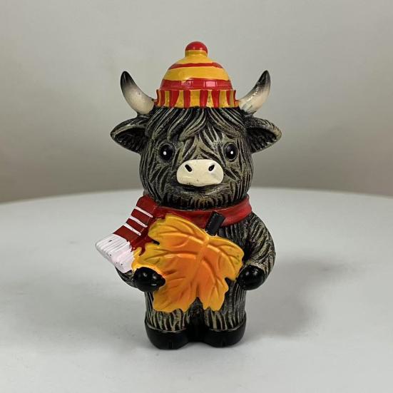 Хэллоуинская фигурка горной коровы из смолы, украшение, символ шотландской культуры, ручная работа, статуэтка коровы с тыквой и кленовым листом