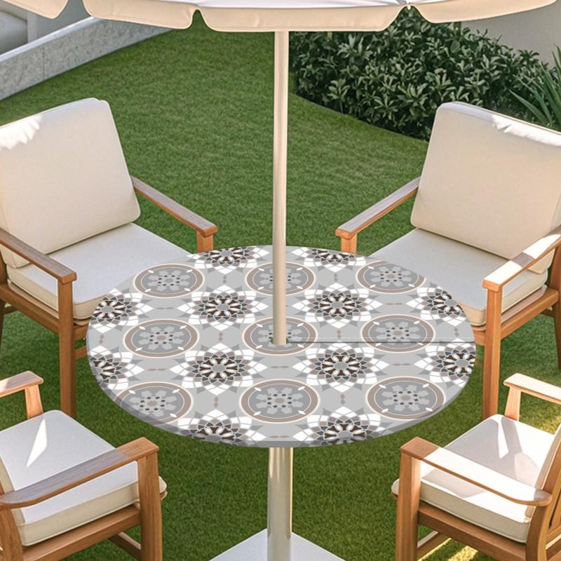 Outdoor Round Table Cover With Geometric Waterproof Elastic Edge Patio Garden Dining