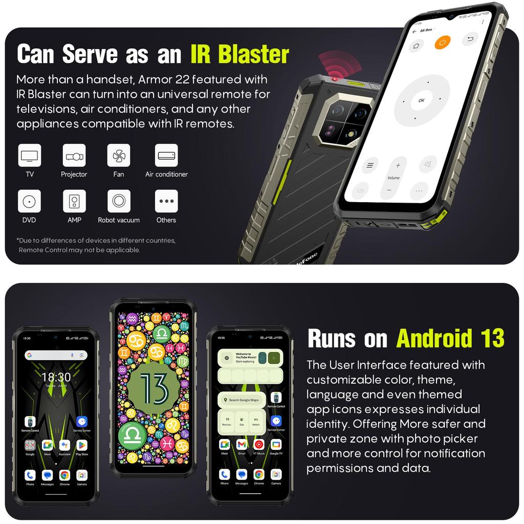 Ulefone Armor 22 Rugged Phone ,16GB (8GB+8GB) RAM ,128GB ROM , Android 13 NFC 64MP 4G Smartphone
