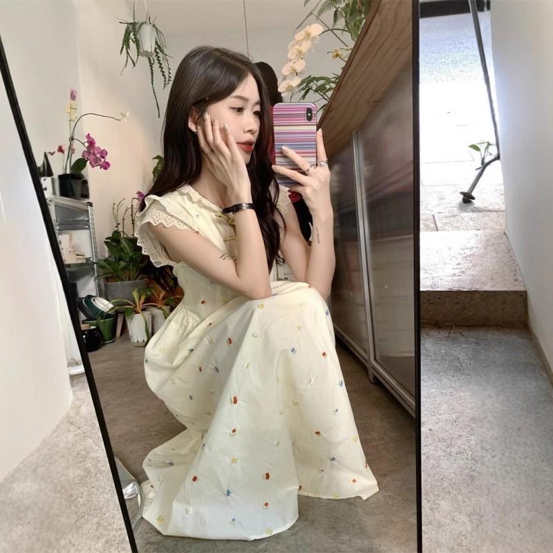 New Chinese Women's Clothing Short-sleeved Floral Dress Women With High-quality Temperament Waist Slimming Gentle Stylish Long Skirt