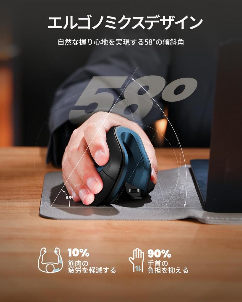 ProtoArc EM11 NL Ergonomic Vertical Mouse, 58°, Bluetooth, 2.4GHz, Simultaneous Connection to 3 Devices, Wrist Comfort, Silent