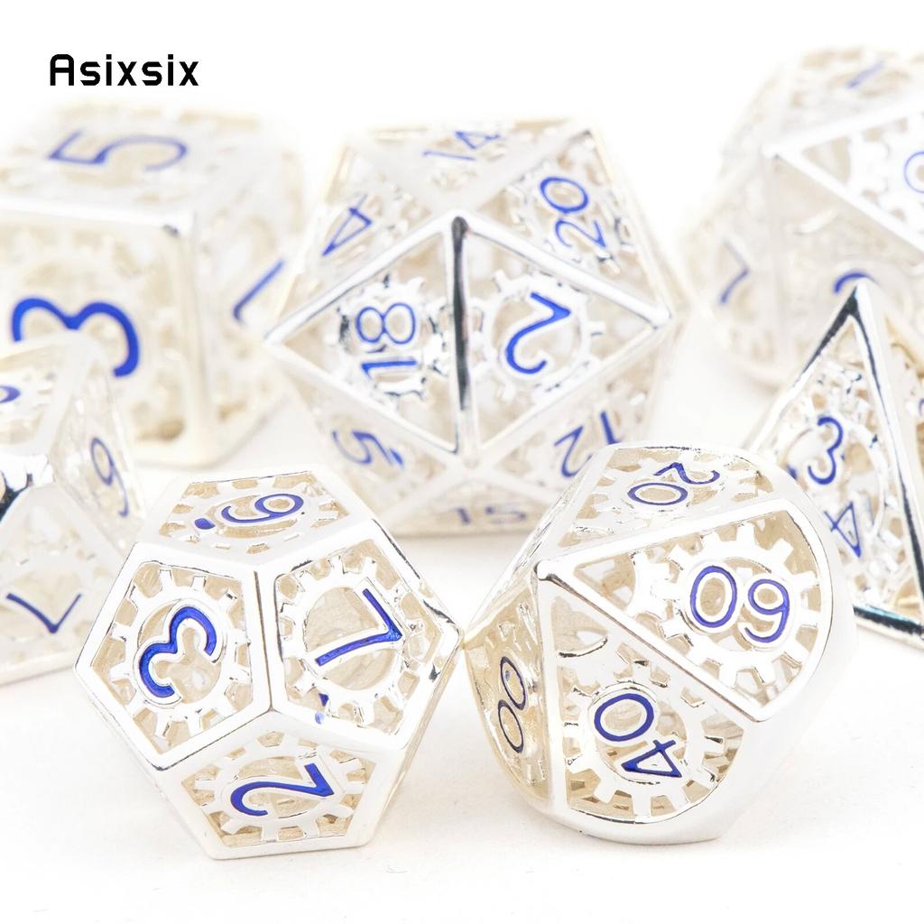 7 Pcs White Blue Gear Wheel Metal Dice Hollow Metal Polyhedral Dice Set Suitable for Role-Playing RPG Board Game Card Game