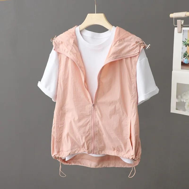 Женская летняя свободная простая безрукавка солнцезащитный жилет с капюшоном тонкая спортивная куртка