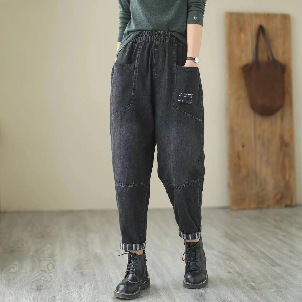 Женские эластичные свободные джинсы больших размеров, новые брюки в стиле ретро, повседневные шаровары с высокой талией