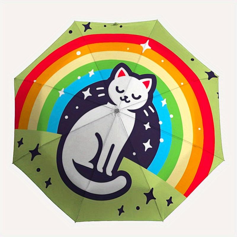 1pc Rainbow Cat Automatic Folding Umbrella Portable Collapsible Design, 8-Rib Iron Frame, Durable Fabric, All-Season Casual Outdoor 175