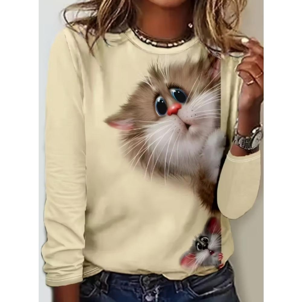 Women's Cat Print Loose Oversized Casual V Neck Long Sleeved T-shirt Top Streetwear Oversized O-Neck Vest