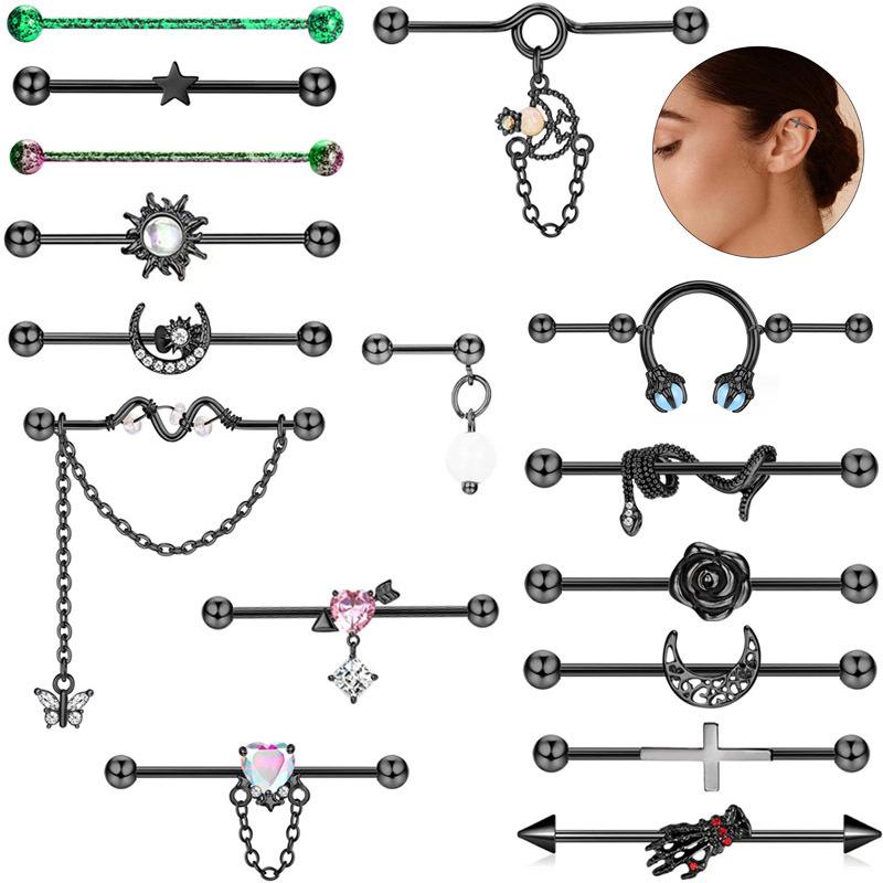 Пирсинг из нержавеющей стали с двумя ушными бабочками в промышленном стиле