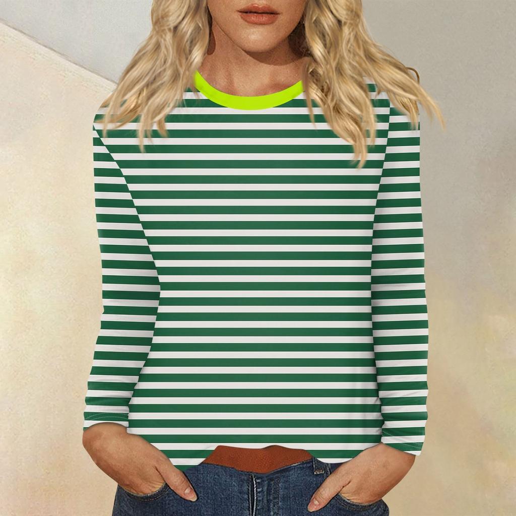 Женский повседневный топ с круглым вырезом и длинными рукавами в полоску с принтом