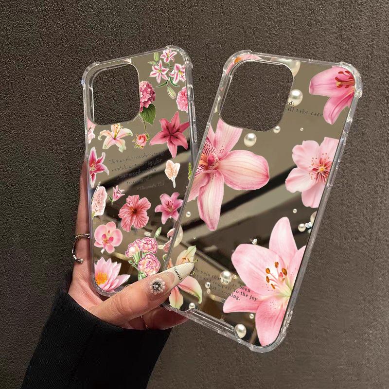 Мягкий чехол для телефона с узором из цветов лилии и зеркалом для iPhone 11 12 13 14 15 16 Pro Max XS X XR 7 8 Plus, зеркало для макияжа, противоударная крышка