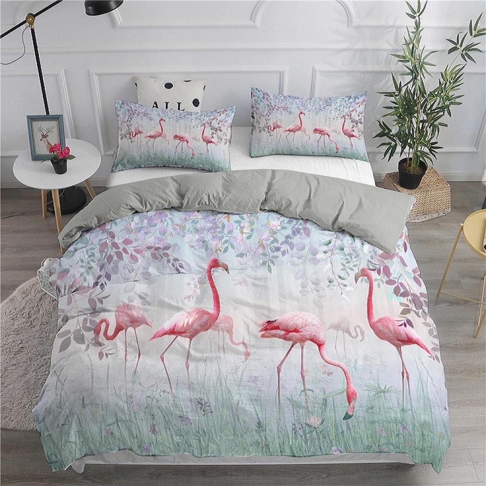 Комплект постельного белья с 3D-принтом фламинго, размер кинг/евро, мультяшный розовый, с животными, пододеяльник с наволочками 2/3 шт., полиэстеровый чехол для одеяла