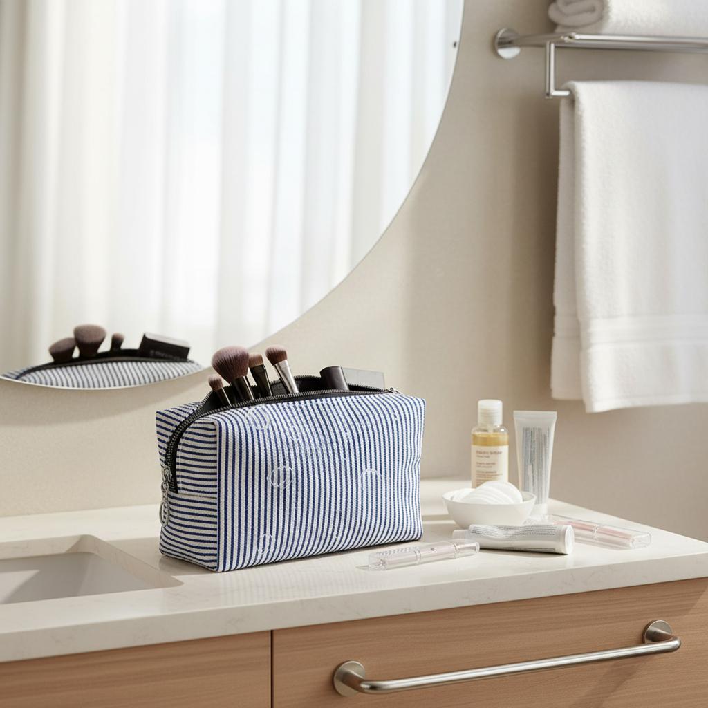 Striped Embroidered Travel Cosmetic Bag Portable Toiletry Organizer for Women Makeup Storage Pouch