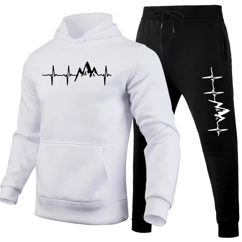 Trendy and Casual Printed Fleece-lined Men's Hooded Sweatshirt Set, Loose Fit Suitable for Autumn and Winter Home Wear.
