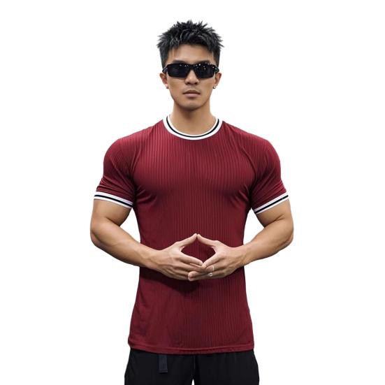 Men's Elastic Muscle T-Shirt Round Neck Short Sleeve Fitness Top Slim Fit Casual Running Tee for Sports Gym Outdoors