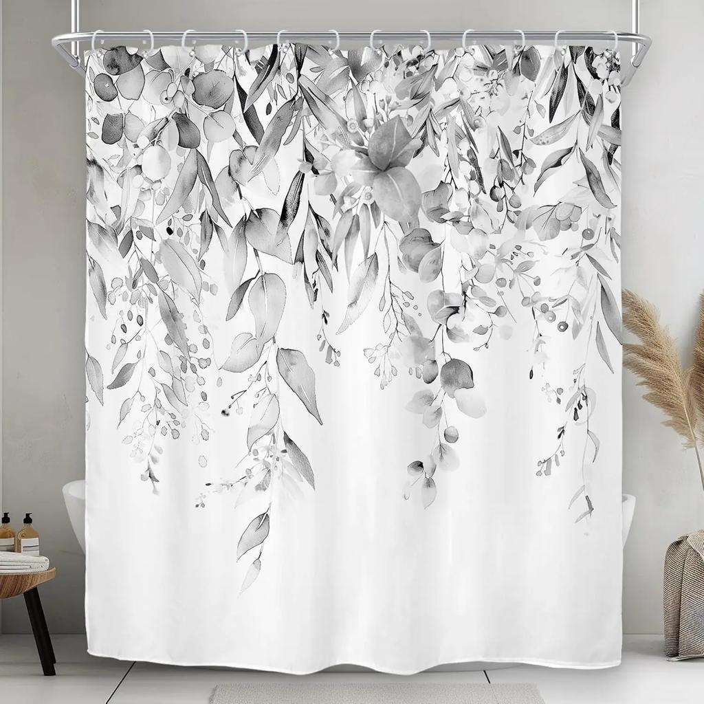 Grey eucalyptus leaves shower curtain bathroom decor vintage botanical watercolor flowers garden plants natural grey art