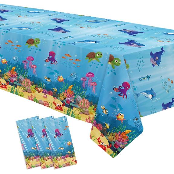 Under The Sea Party Decorations Tablecloth, 3Pcs Disposable Underwater Sea Life Blue Ocean Theme Birthday Baby Shower Tablecover Supplies, 86in x