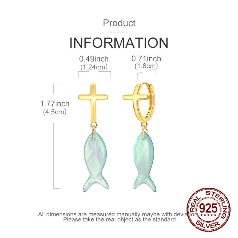 925 Sterling Silver Cross Fish Earrings Natural Blue Shell Fish Charm Dangle Hoop Earrings Beach Jewelry Gift for Women