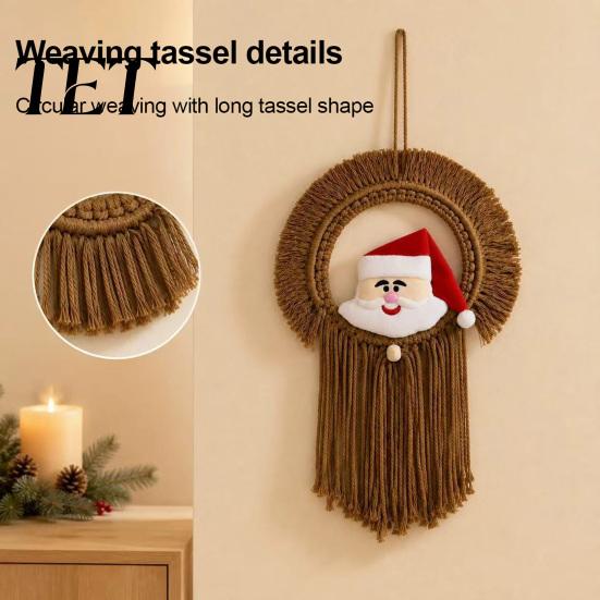Santa Themed Woven Tapestry Hand?Woven Claus Wall Hanging, Christmas Decor with Lightweight Pendant Tassels, Boho Ornament for Kid Room Home Holiday