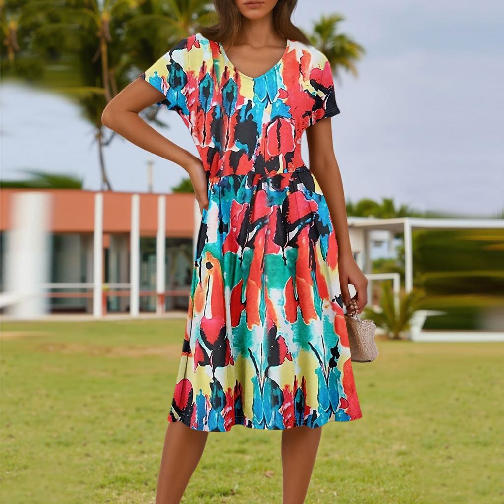 Ladies Summer Fashion Casual Floral Print V-Neck Short Sleeve Pocket Dress