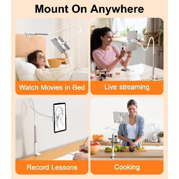 Eary Gooseneck Phone Holder for Bed Cell Phone Mount Clamp Clip Flexible Long Arm Overhead Mount Desk Bedside for 4.7-12.9"Inch