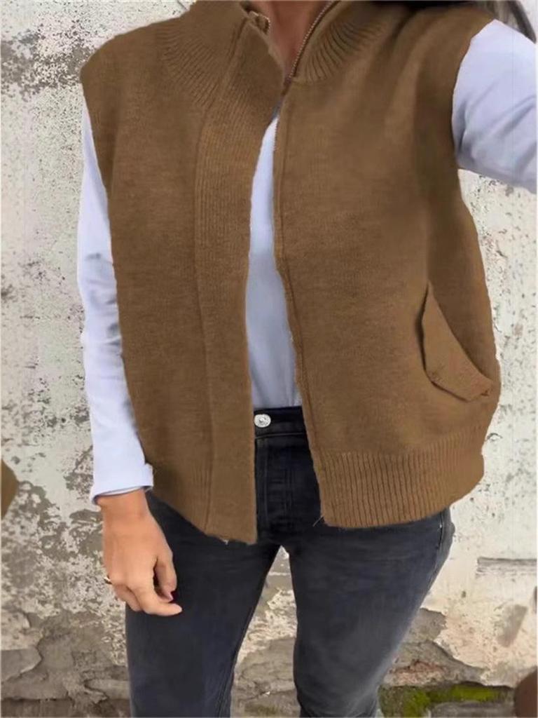 European and American Women's Autumn/Winter Stand Collar Zipper Sweater Vest - Loose Knit Casual Cardigan