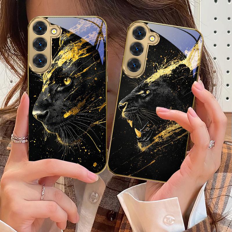 Черная Пантера рычит для Samsung Galaxy S26 S20 FE S21 S22 S23Plus S24 Ultra 25Ultra S21+ S9 S22 S8 S23 Золотой стеклянный чехол для телефона
