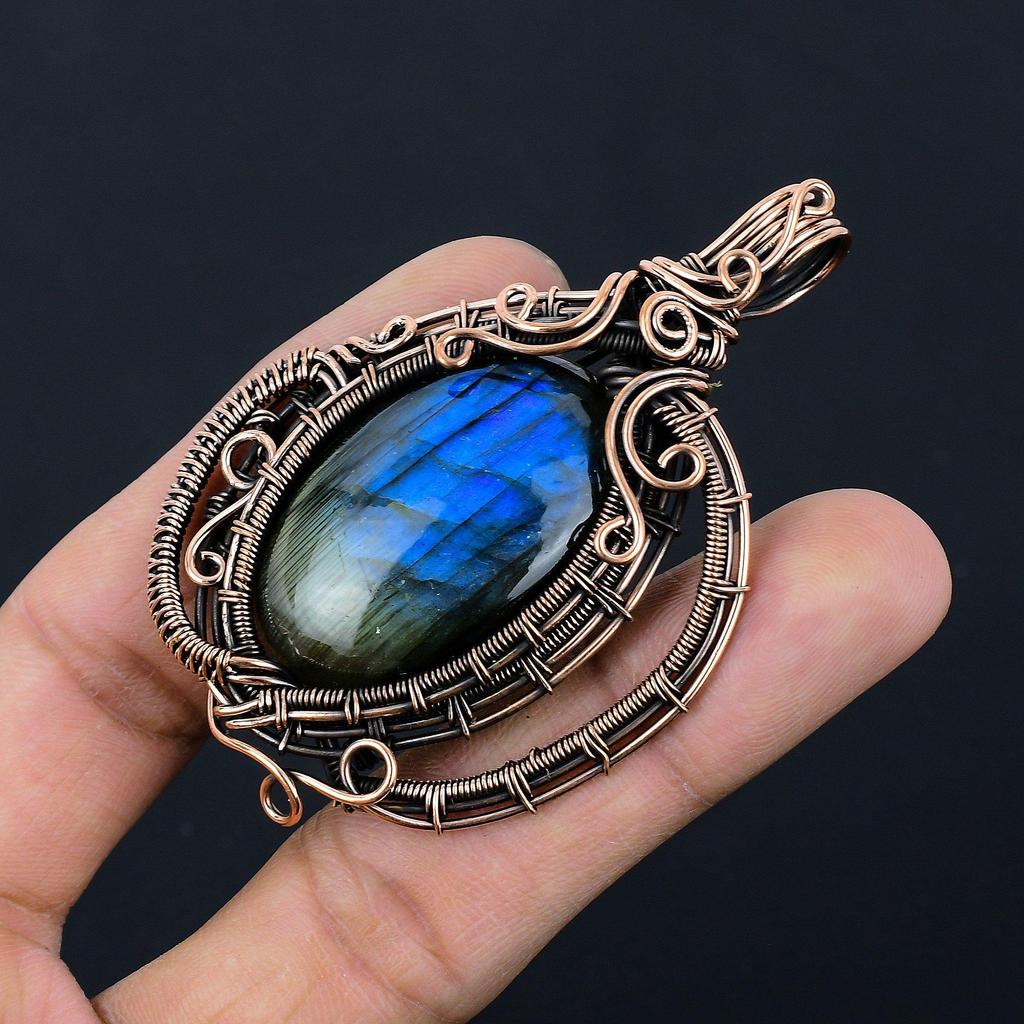 Labradorite Pendant, Handmade Gemstone 999 Copper Wire Wrapped Pendant Antique Jewelry, For Gift Silver Jewelry