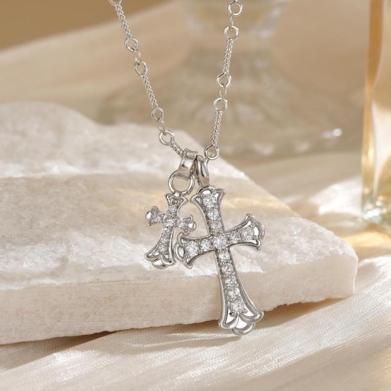 Double Cross Pendant Necklace Women Vintage Style Minimalist Full Rhinestone Charm Chain Jewelry