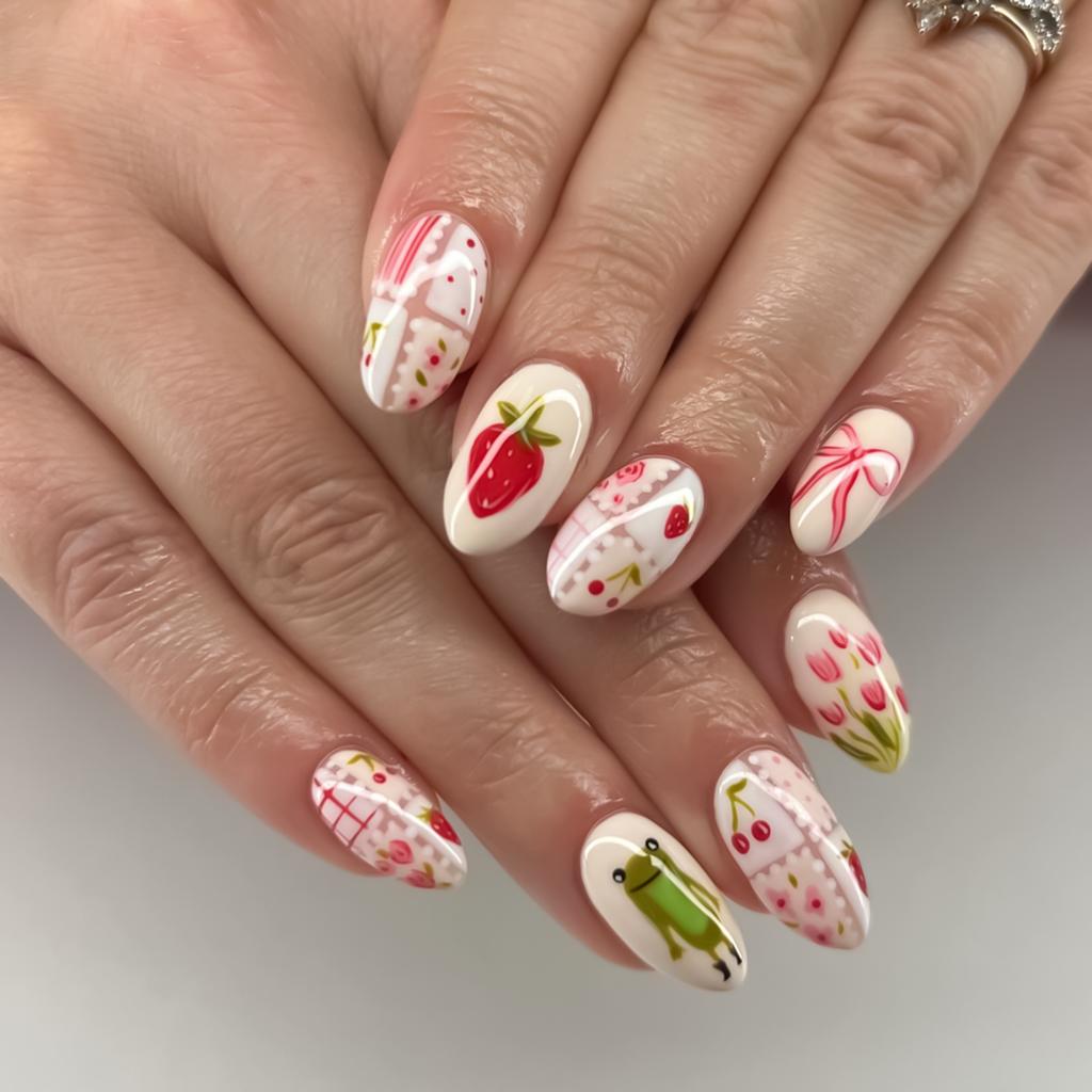 24pcs Women Full Cover Stick on Nails Strawberry Pattern Artificial Nails for DIY Nail Design Art Salon