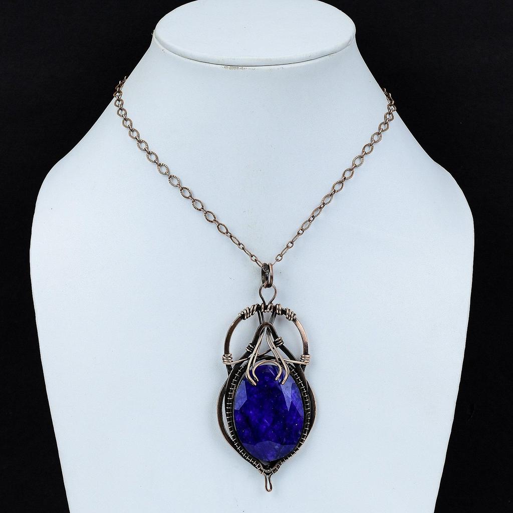 Подвеска с граненым синим сапфиром, обернутая медной проволокой, подвеска из натурального драгоценного камня, ювелирное изделие из медной проволоки, стильный кулон ручной работы, подарок для него